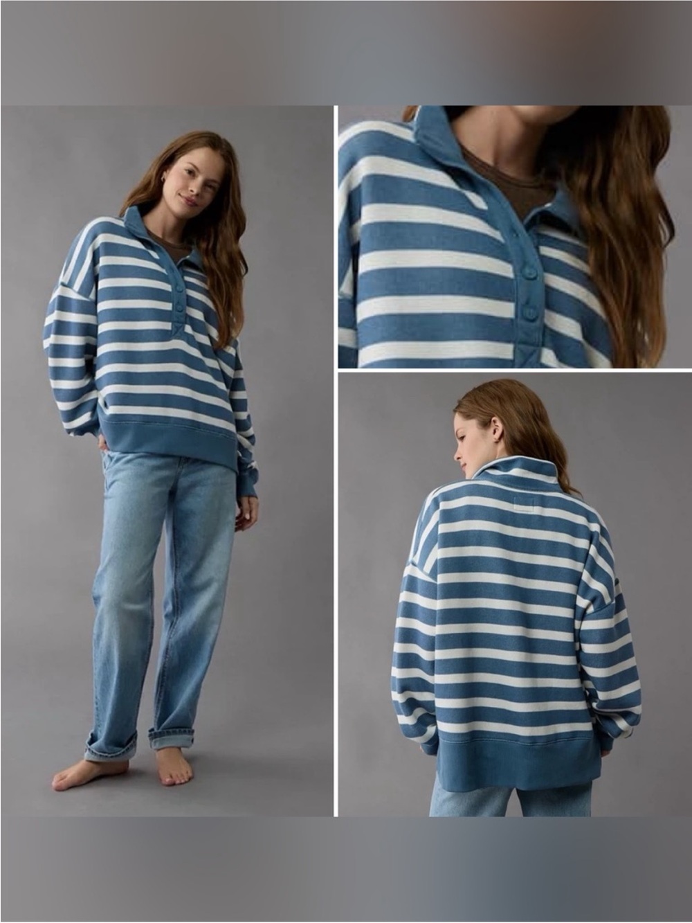 American Eagle Outfitters Blue & White Striped Henley Turtleneck Sweater